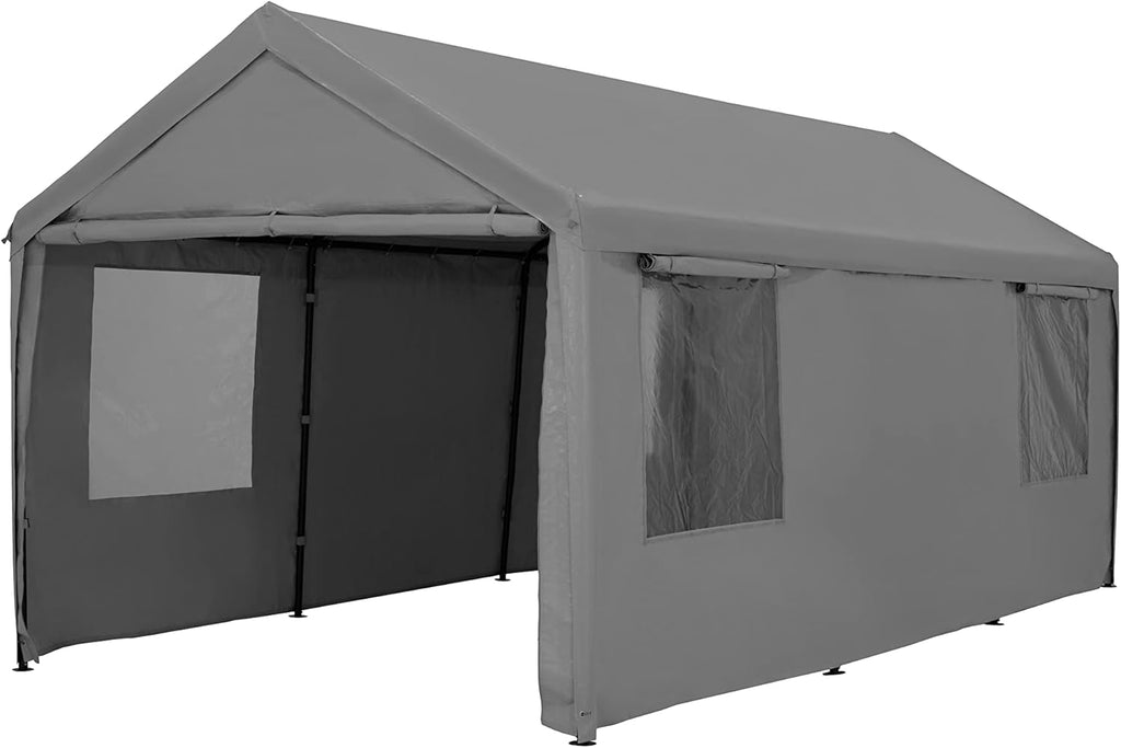 Beige 10x20ft Car Canopy with Transparent Windows Removable Sidewalls & Doors X402398