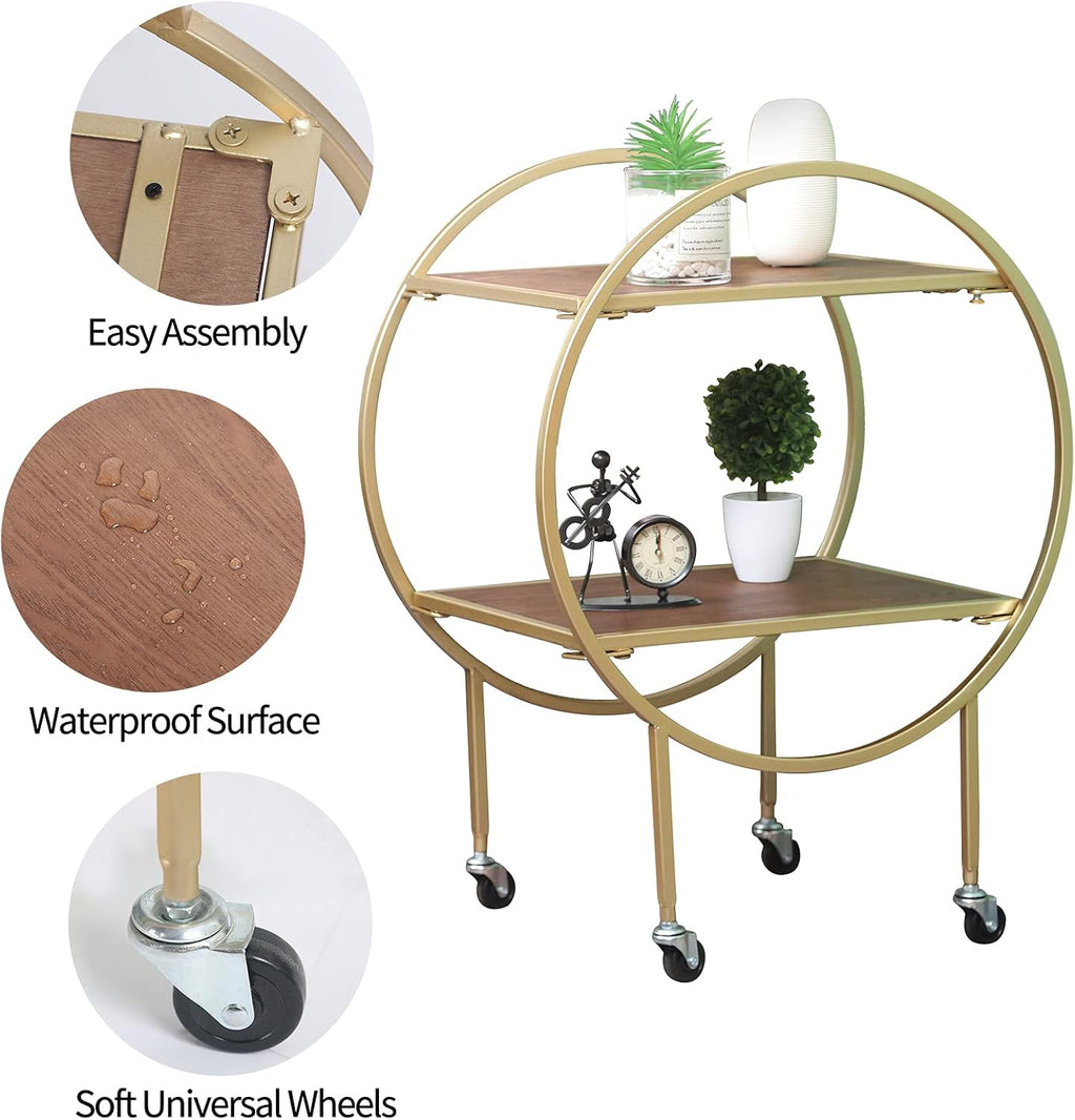 2-Tier Round Side Table with Wheels Metal Frame Removable Nightstand Utility Rolling Cart Q7647