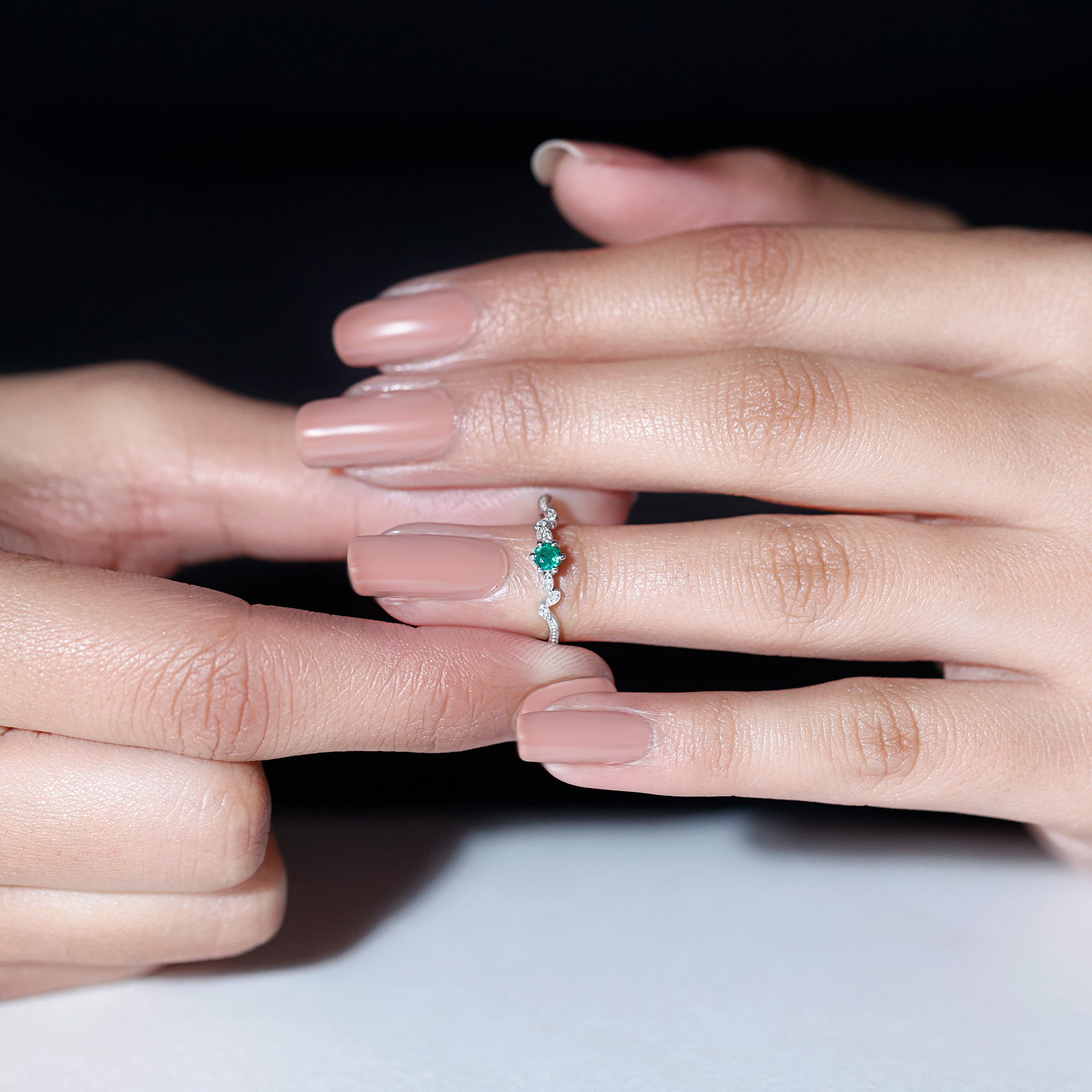 Emerald Leaf Promise Ring with Diamond, 925 Sterling Silver, US 4.00 I881582