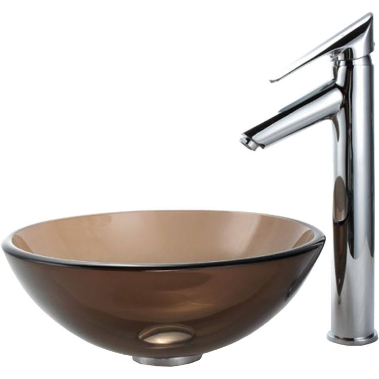 Clear Brown 14x22 Glass Vessel Sink and Chrome Faucet E2596