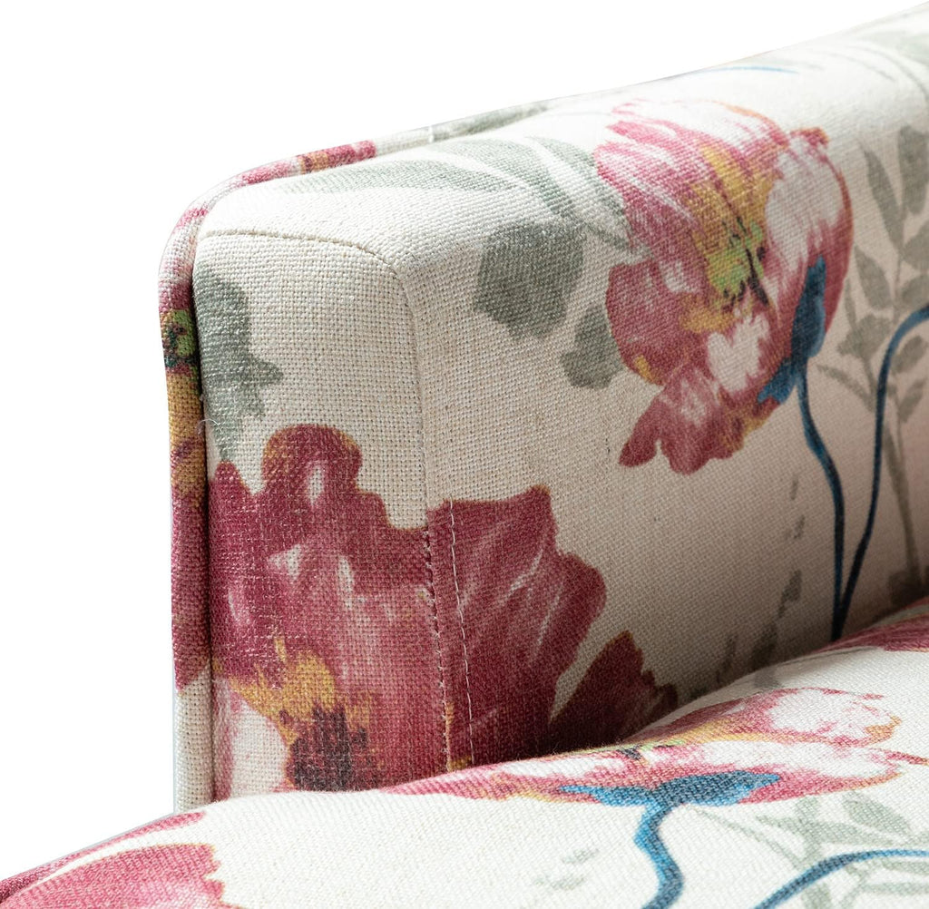 Red Floral Fabric Club Chair with Arms and Rubber Wood Legs L4389