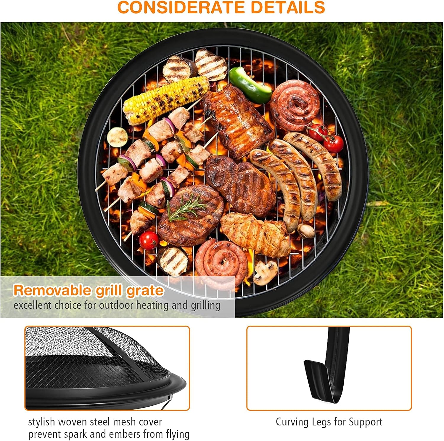 22” Steel Fire Pit Bowl with BBQ Grill and Spark Screen Cover D326282