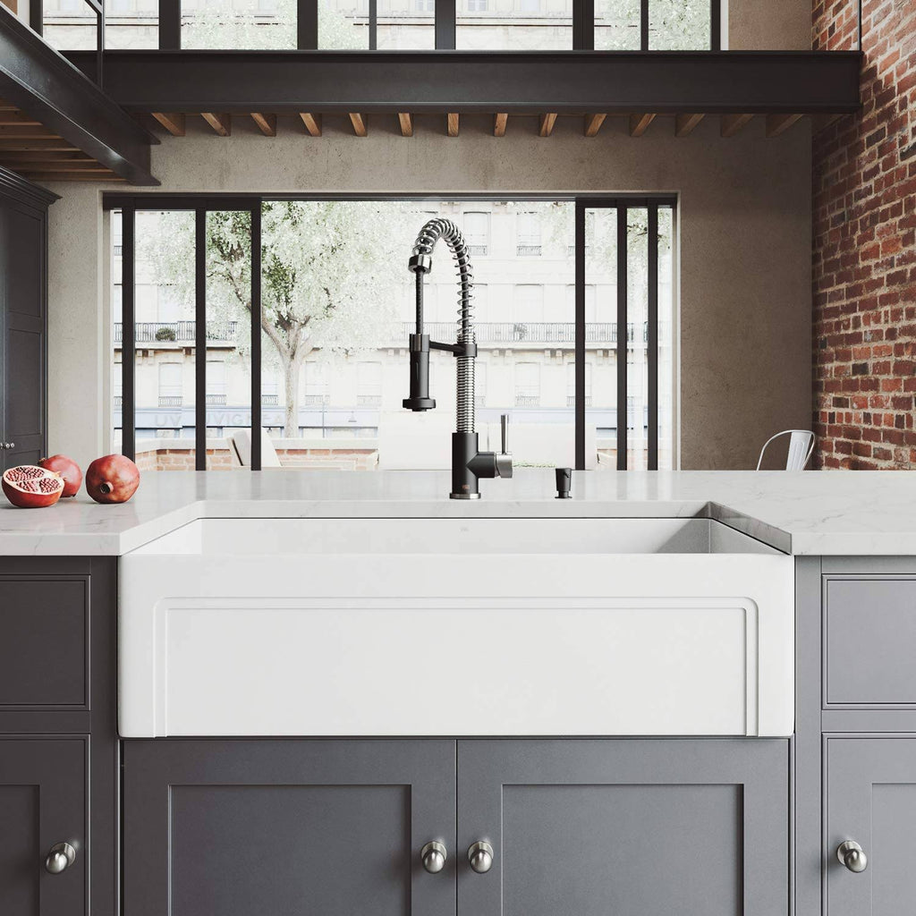 36 in. Matte Stone Farmhouse Kitchen Sink Set with Matte Black Faucet B155