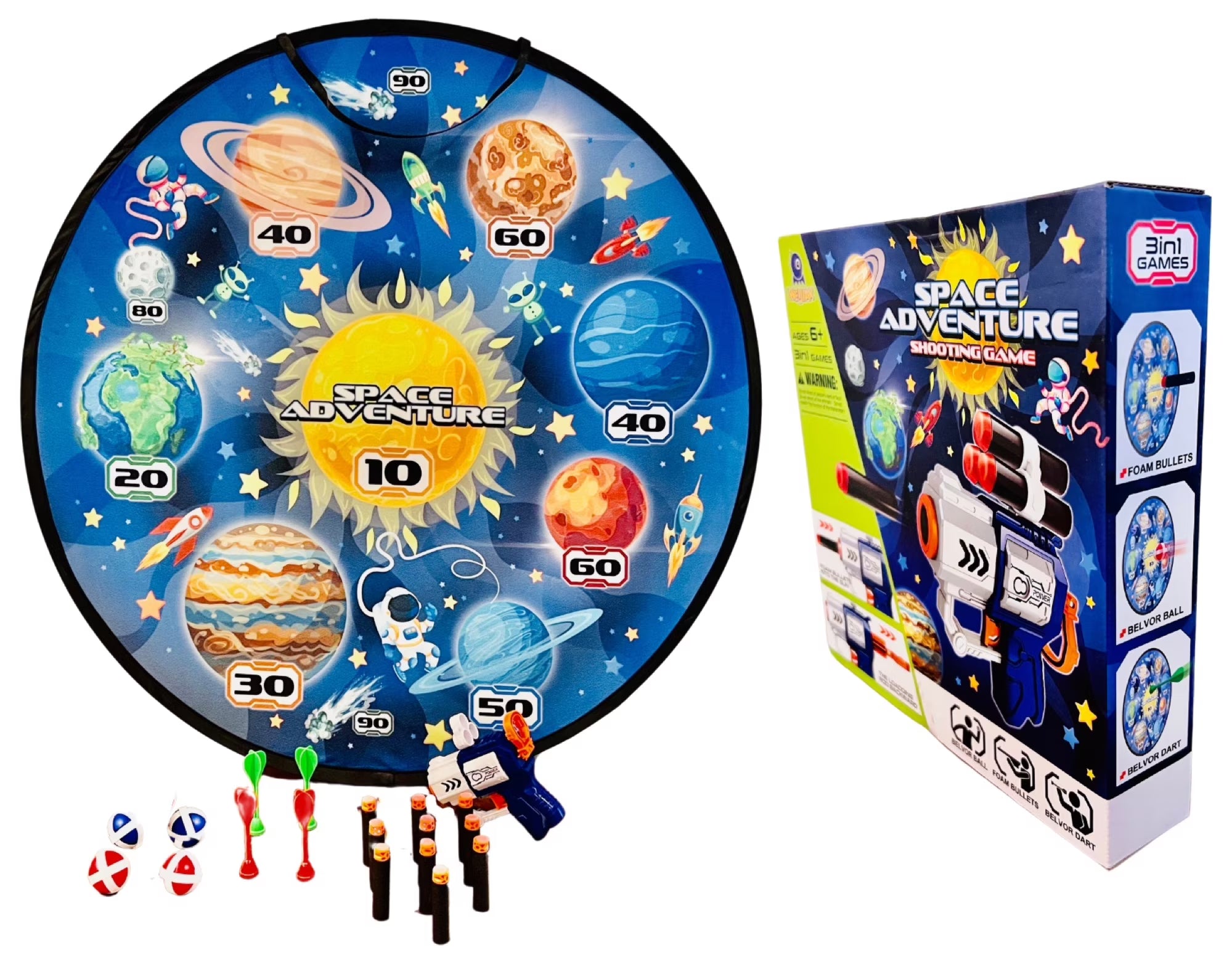 Wall Hanging Dart Game Set with Foam Bullets, Plastic Darts, Belvor Balls and 1 Compact Gun S868177