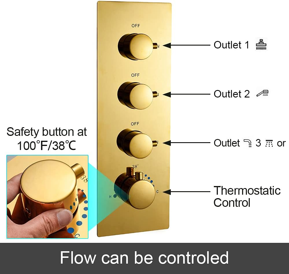 Polished Gold 12 Inch Brass Ceiling Mounted Thermostatic Rainfall Shower System Set B96161