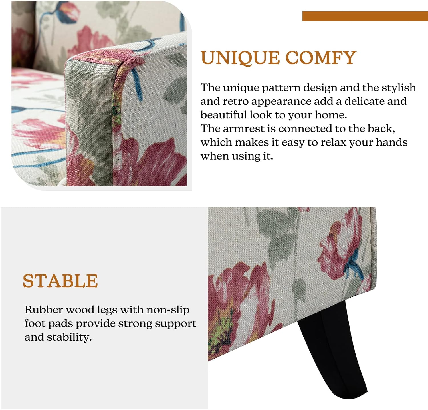 Red Floral Fabric Club Chair with Arms and Rubber Wood Legs L4389