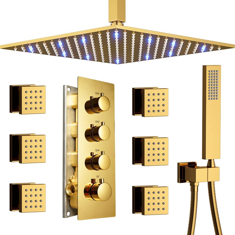Polished Gold 12 Inch Brass Ceiling Mounted Thermostatic Rainfall Shower System Set B96161