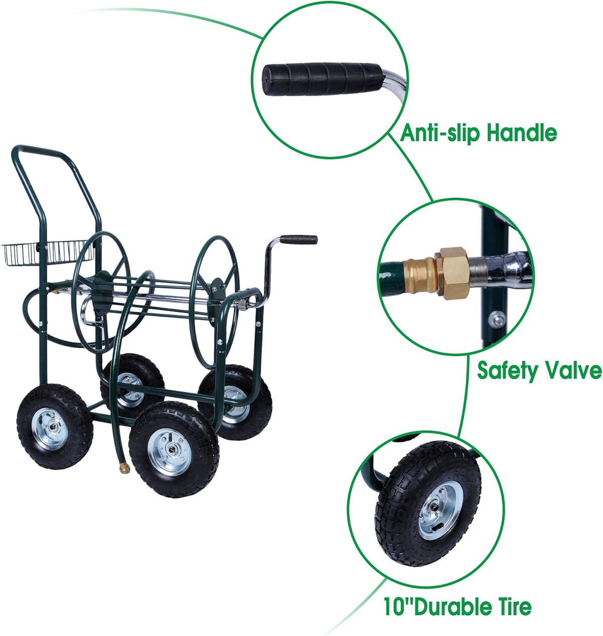 Garden Hose Reel Cart 4 Wheels with Storage Basket, Holds 390FT Hose D572507