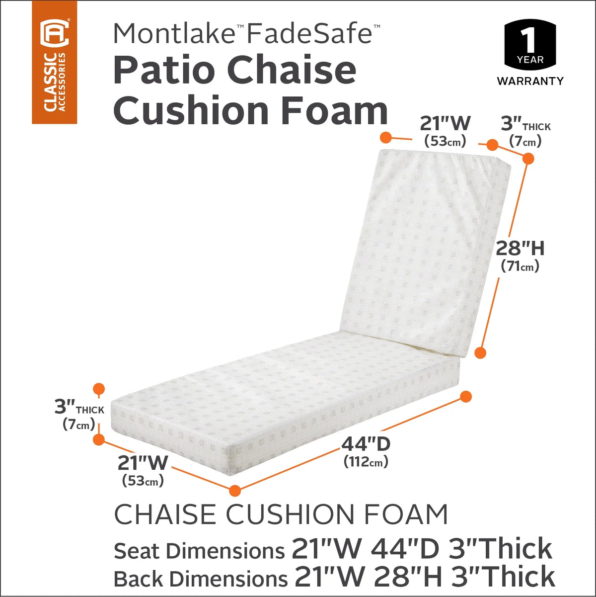 Patio Chaise Lounge Cushion Foam, 3" Thick, High-Density Foam, 80"L x 26"W x 3"T S965071