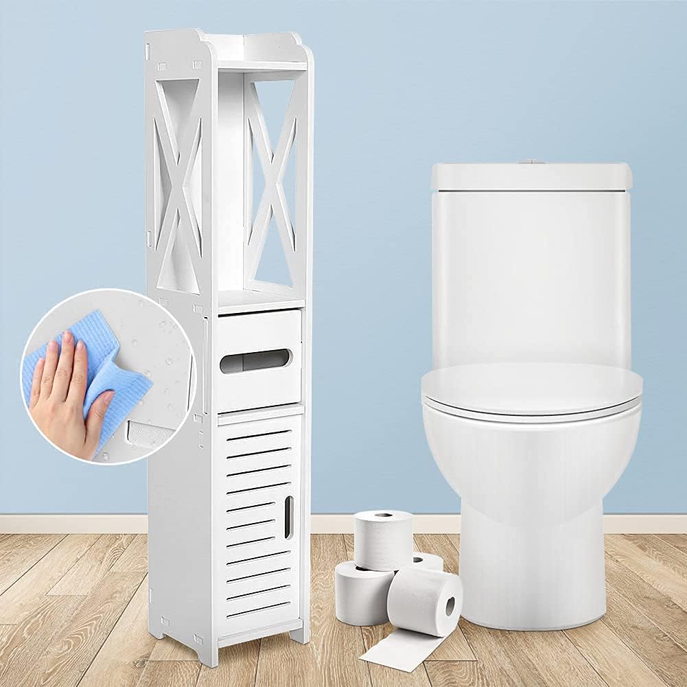 White Bathroom Floor Cabinet Storage Organizer, 31.5 x 6.1 x 5.9 inch K15760