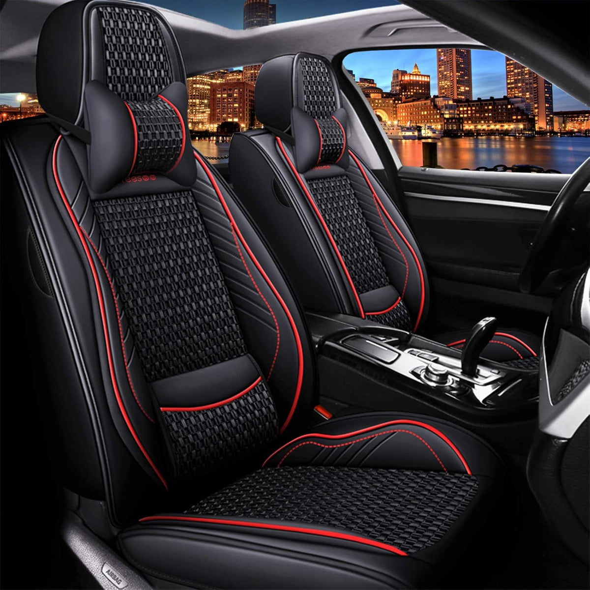 Black Red 9 Leather Car Seat Covers Full Set Q701943