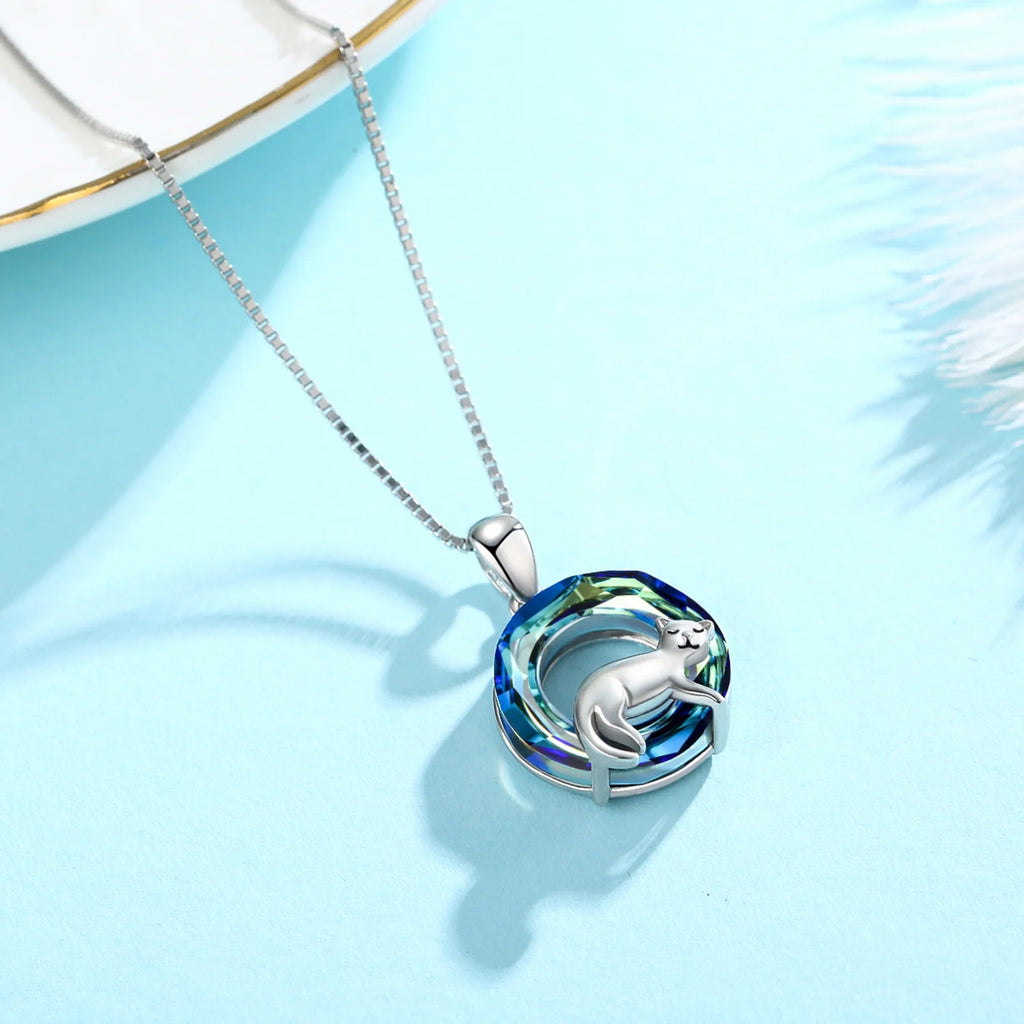 Cat Crystal Pendant Necklace 925 Sterling Silver U483