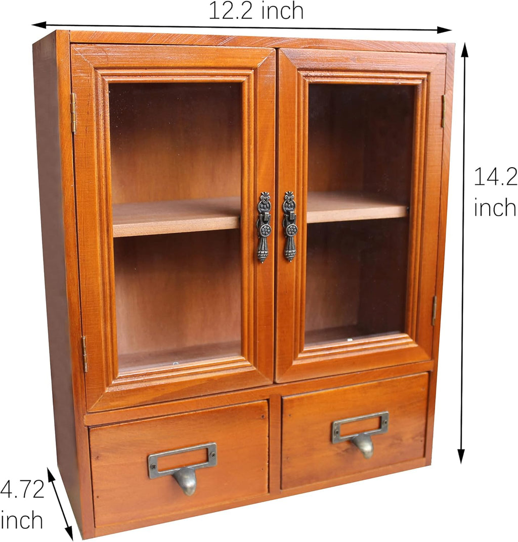 Wooden Storage Cabinet with Glass Double Doors and Adjustable Shelf and Two Drawers V23770