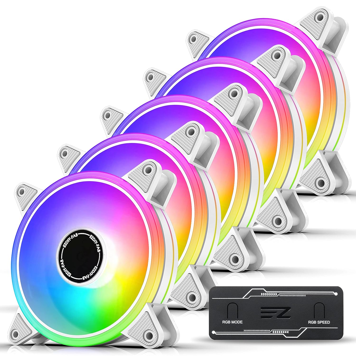 White 120mm RGB PWM Case Fan with Fan Hub, 5 Pack C24769