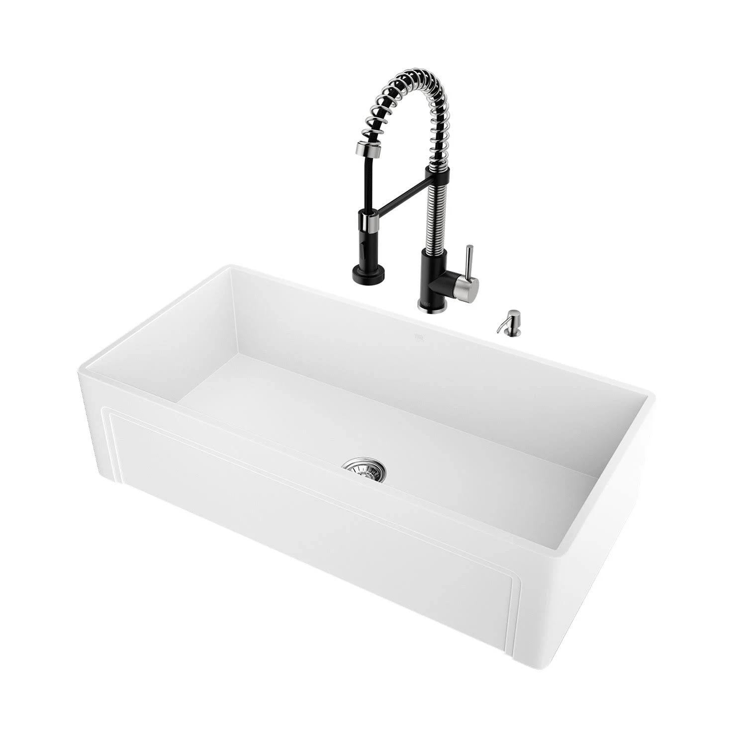 36 in. Matte Stone Farmhouse Kitchen Sink Set with Matte Black Faucet B155