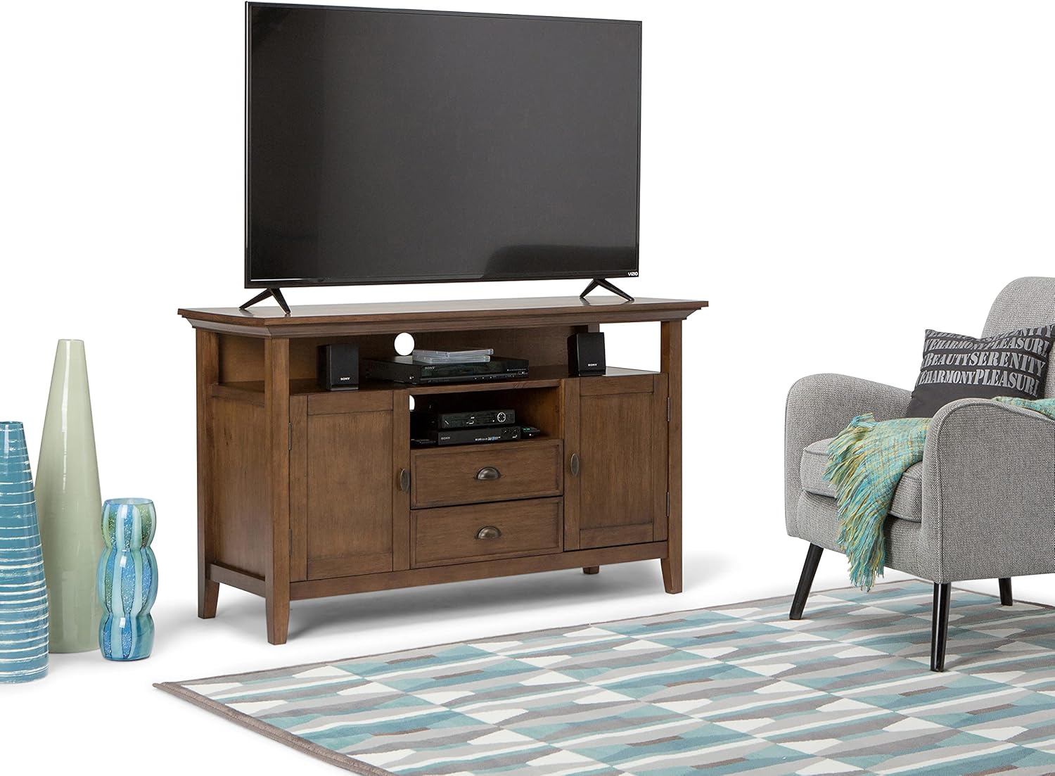 Black Solid Wood TV Media Stand with Storage Shelves and Cabinets J636