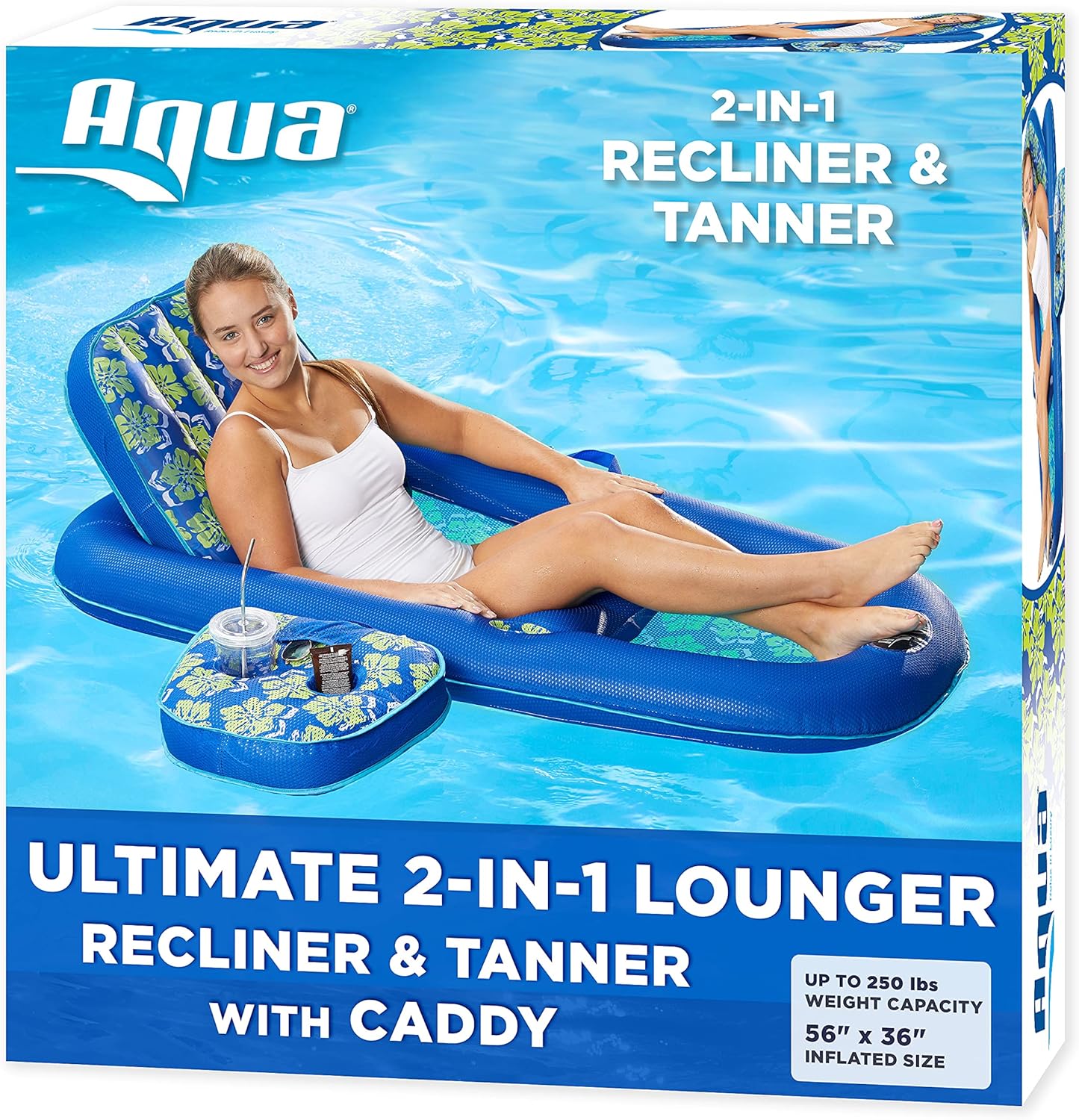 Navy Aqua White Stripe Inflatable Pool Float Lounge with Sunshade Canopy and Cupholder G18465