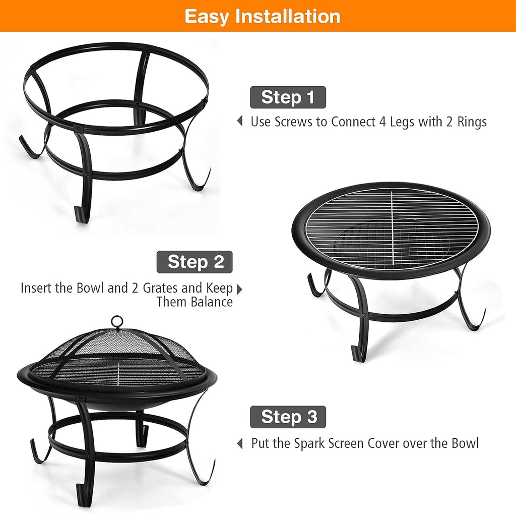 22” Steel Fire Pit Bowl with BBQ Grill and Spark Screen Cover D326282