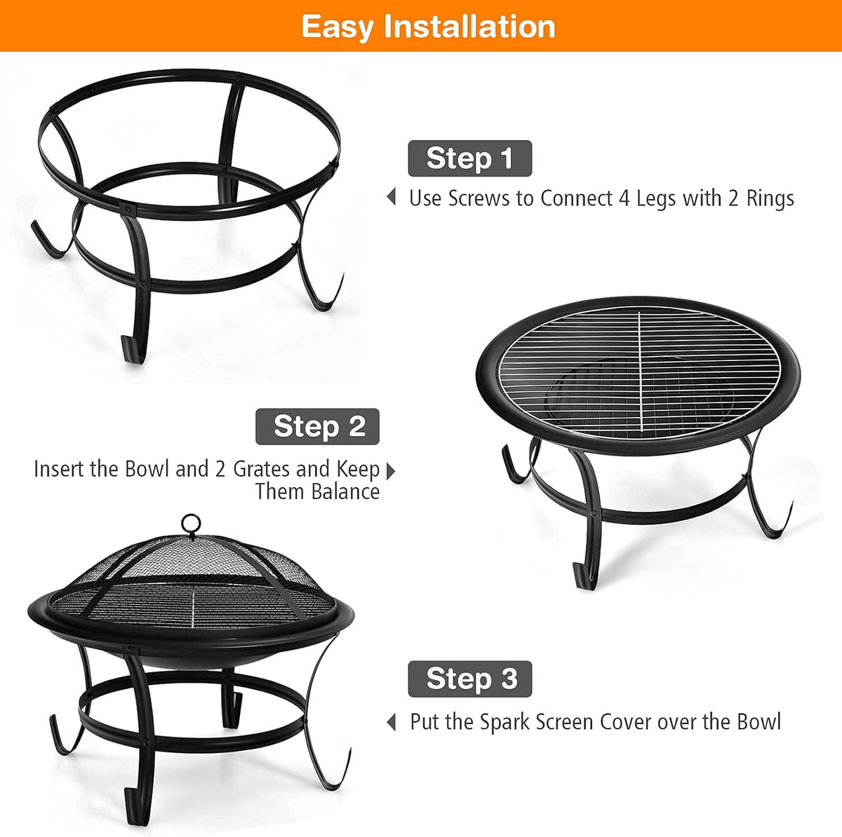 22” Steel Fire Pit Bowl with BBQ Grill and Spark Screen Cover D326282