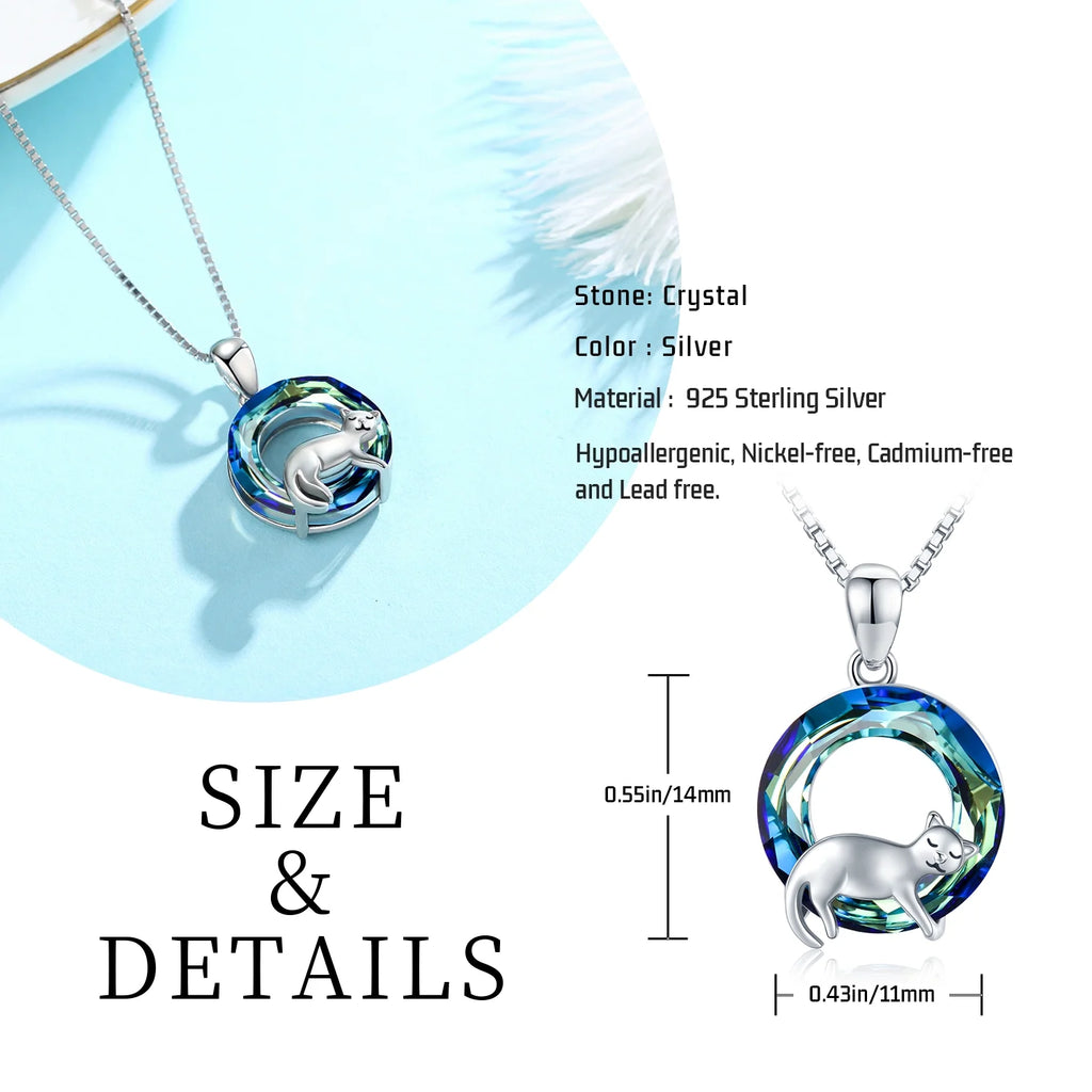 Cat Crystal Pendant Necklace 925 Sterling Silver U483