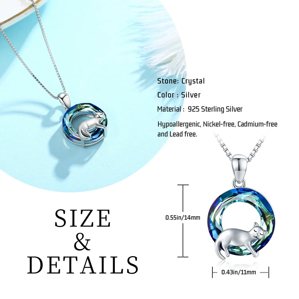 Cat Crystal Pendant Necklace 925 Sterling Silver U483