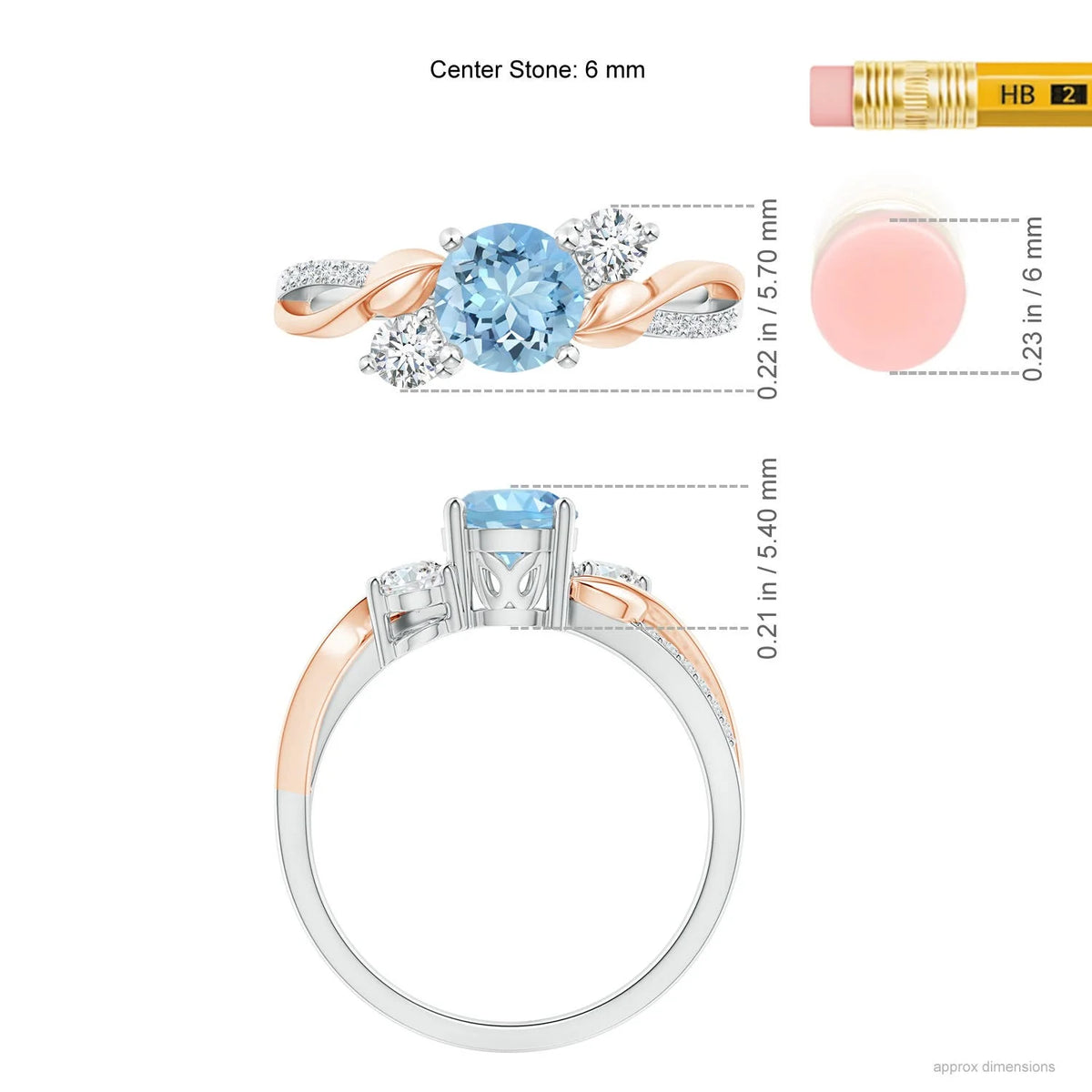 Natural Aquamarine & Diamond Ring in 14K White & Rose Gold, Size 7.5, 6mm V1227