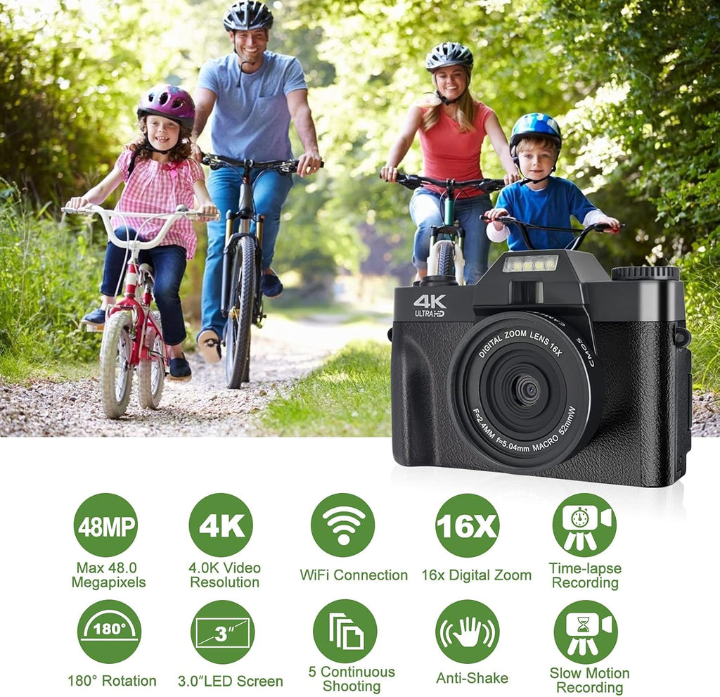 4K 48MP Digital Camera with 3.0 inch 180° Flip Screen and 32GB Memory Card Q42660