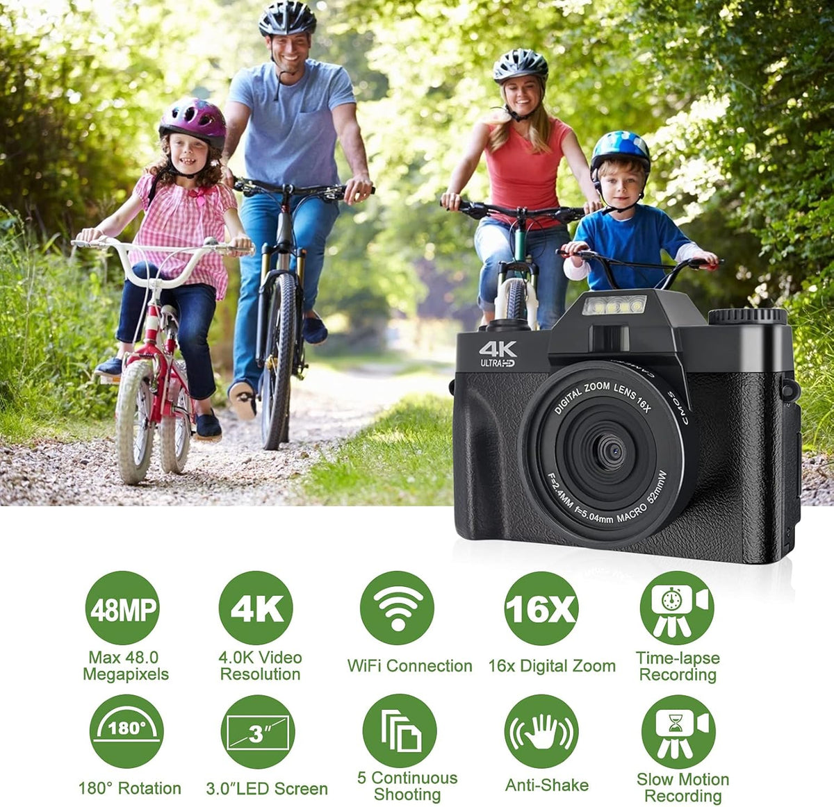4K 48MP Digital Camera with 3.0 inch 180° Flip Screen and 32GB Memory Card Q42660