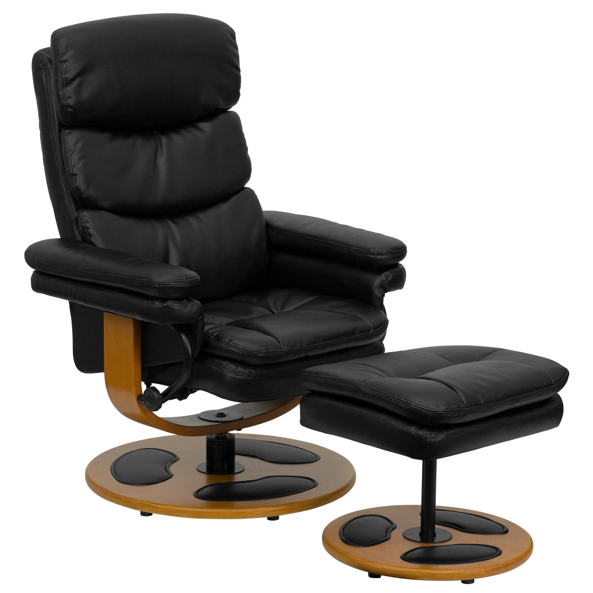 Black Leather Recliner and Ottoman with Wood Base Z63954