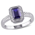 Emerald-Cut Created Blue Sapphire & Round Diamond Accent Sterling Silver Halo Ring Z262200