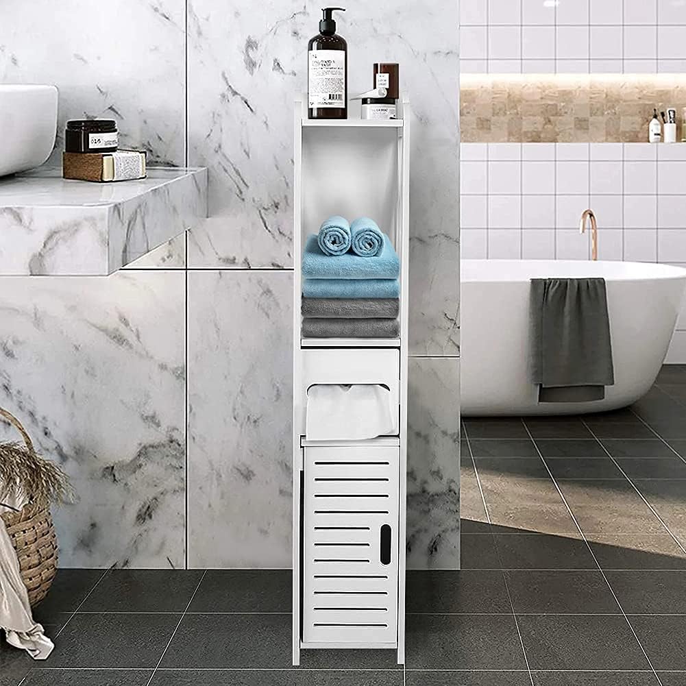White Bathroom Floor Cabinet Storage Organizer, 31.5 x 6.1 x 5.9 inch K15760