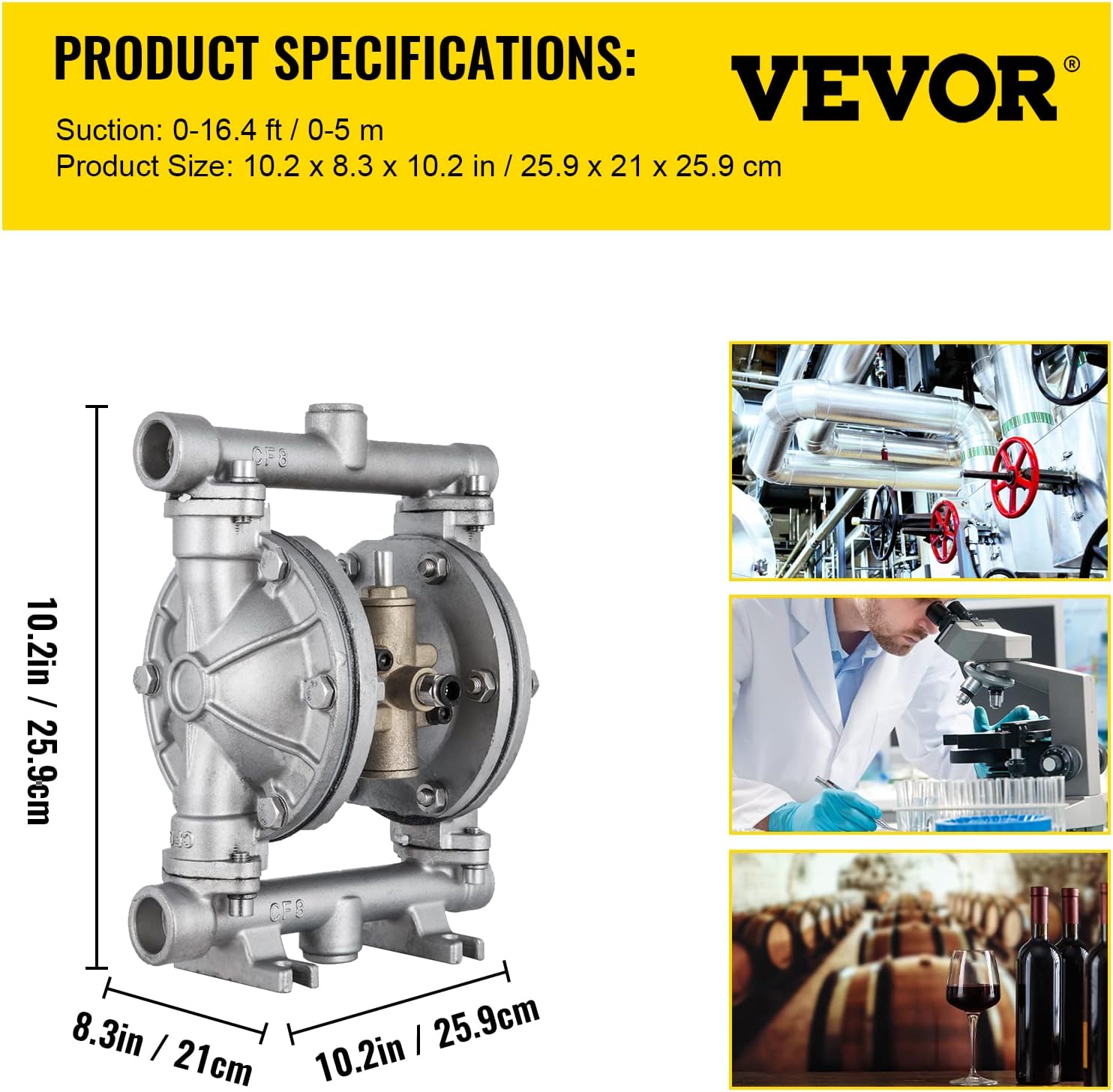 Air-Operated Double Diaphragm Pump 1/2 inch 304 Stainless Steel 12 GPM Max 115PSI Nitrile Diaphragm Q6370