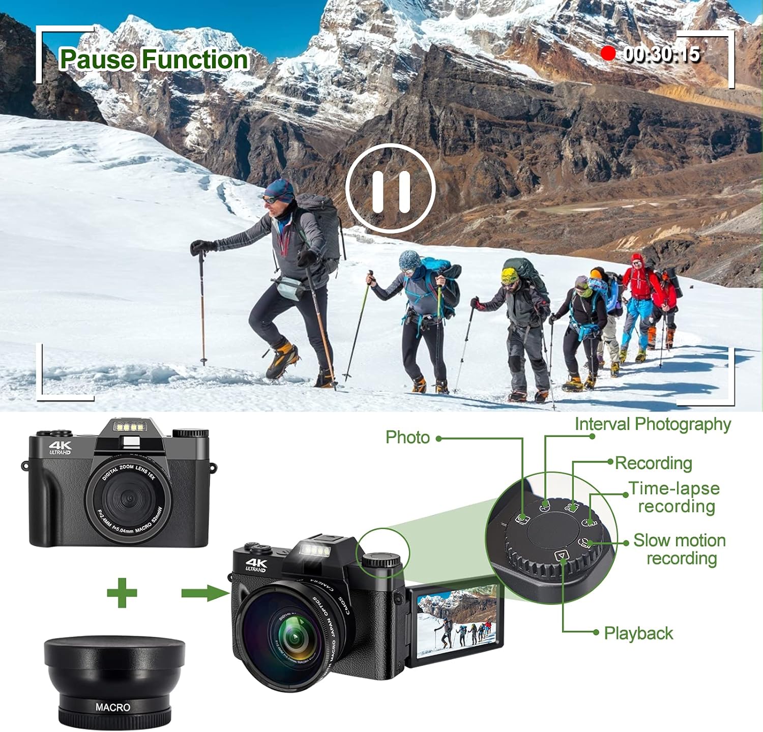 4K 48MP Digital Camera with 3.0 inch 180° Flip Screen and 32GB Memory Card Q42660