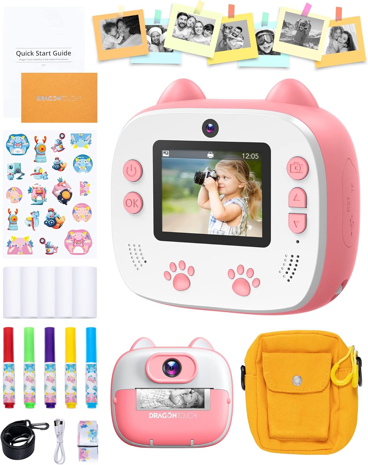 Instant Print Digital Camera with Dual Camera Lens, Print Paper, Cartoon Sticker, Color Pens and Camera Bag (Christmas Red) R280