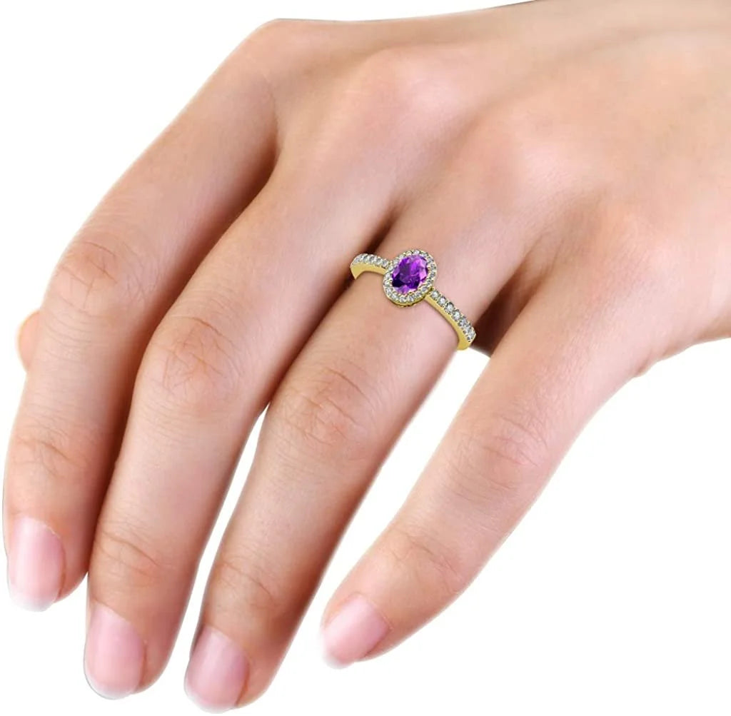 Oval Amethyst & Natural Diamond Halo Engagement Ring 14K Yellow Gold B7949