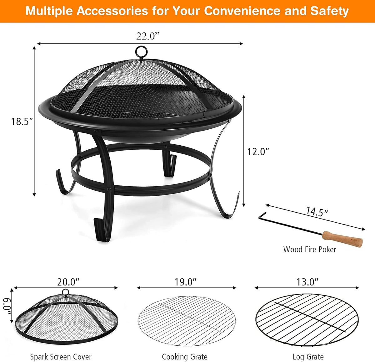 22” Steel Fire Pit Bowl with BBQ Grill and Spark Screen Cover D326282