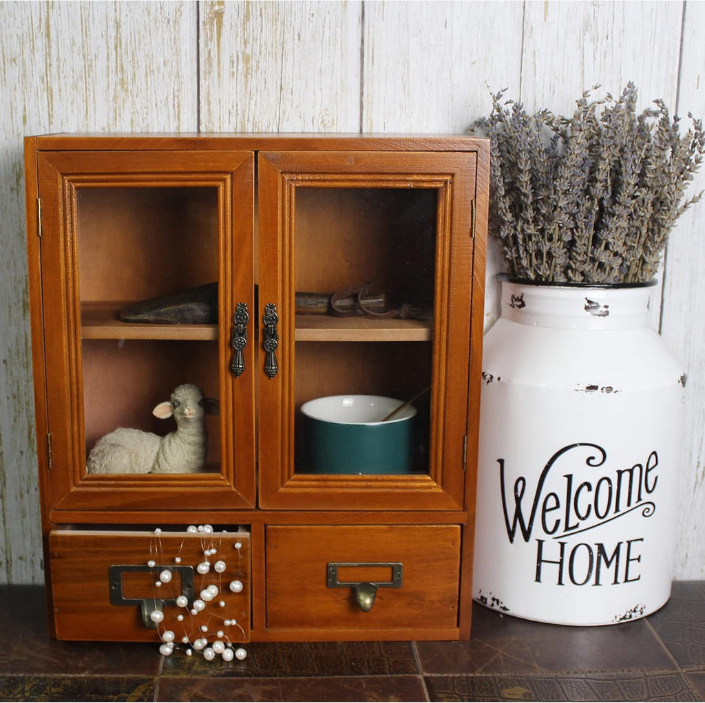Wooden Storage Cabinet with Glass Double Doors and Adjustable Shelf and Two Drawers V23770