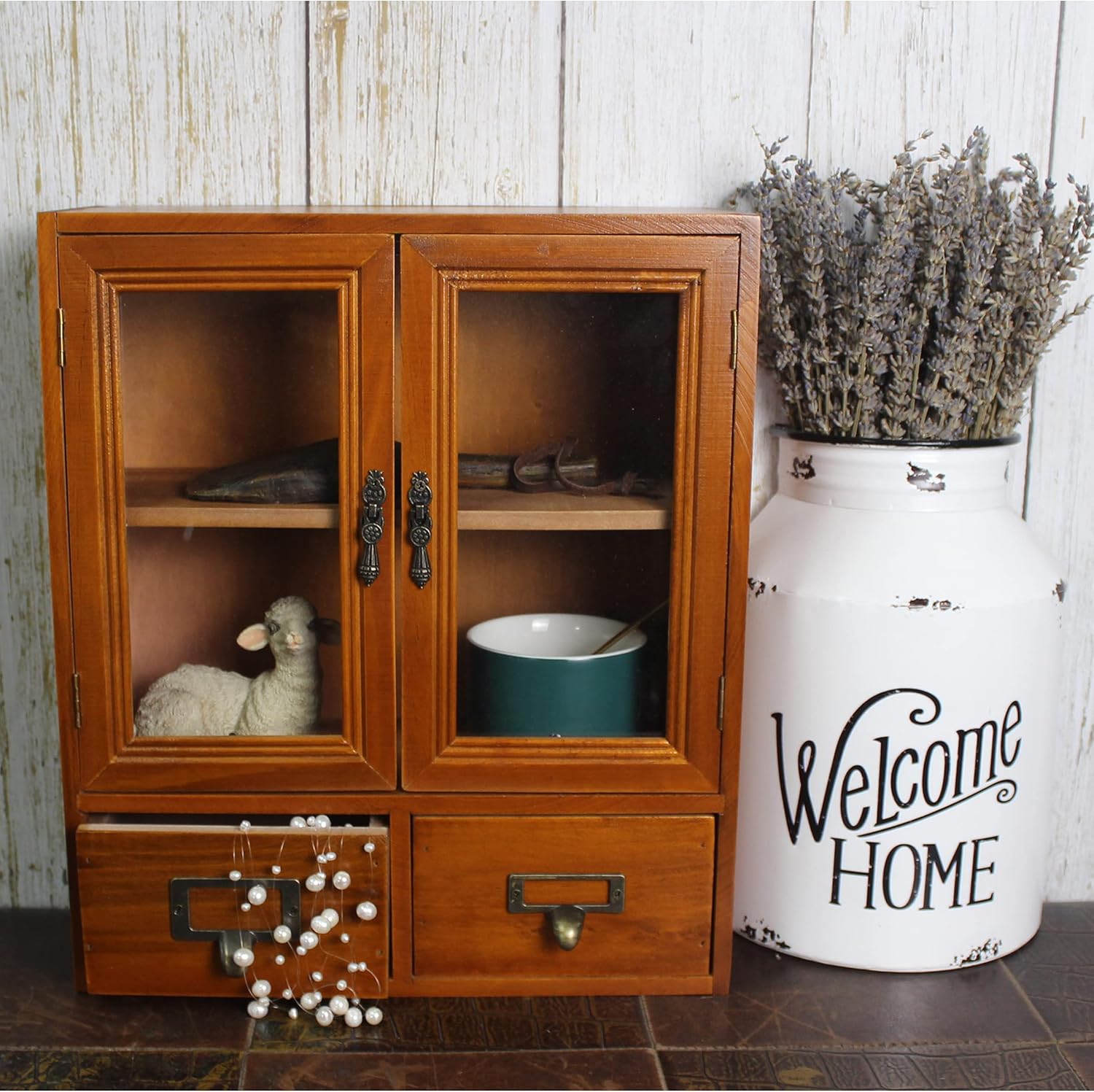 Wooden Storage Cabinet with Glass Double Doors and Adjustable Shelf and Two Drawers V23770