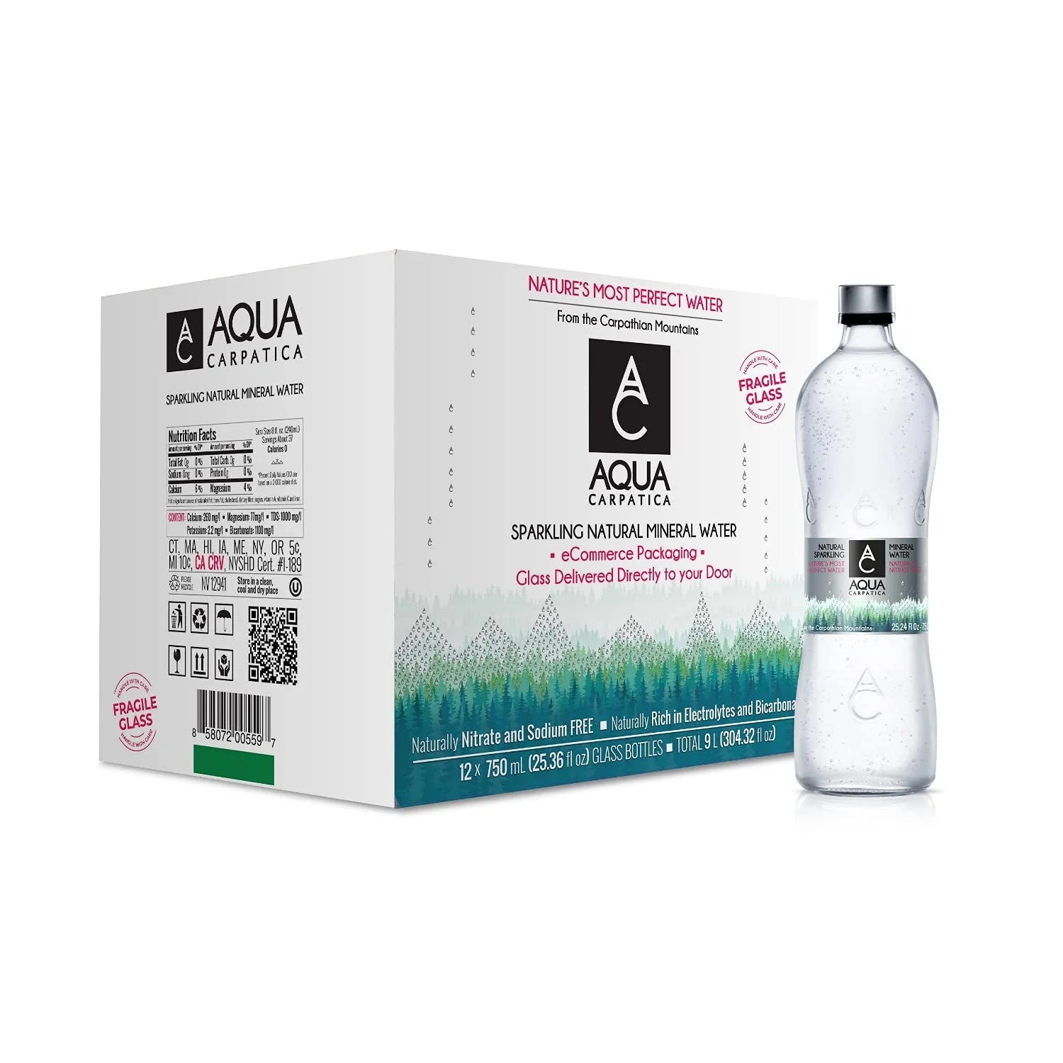 750 ml / 25.36 oz. (12 Pack) Natural Sparkling Mineral Spring Water in Glass Bottles B7168