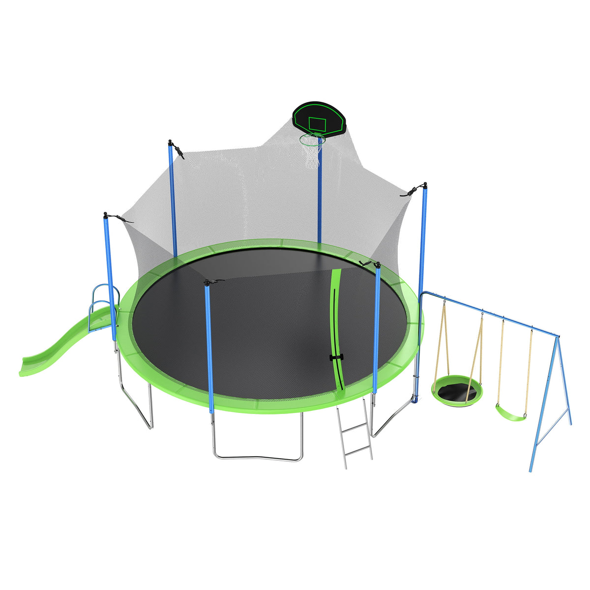12ft Kids Trampoline with Swing, Slide, Basketball Hoop, Safety Enclosure Net F444224