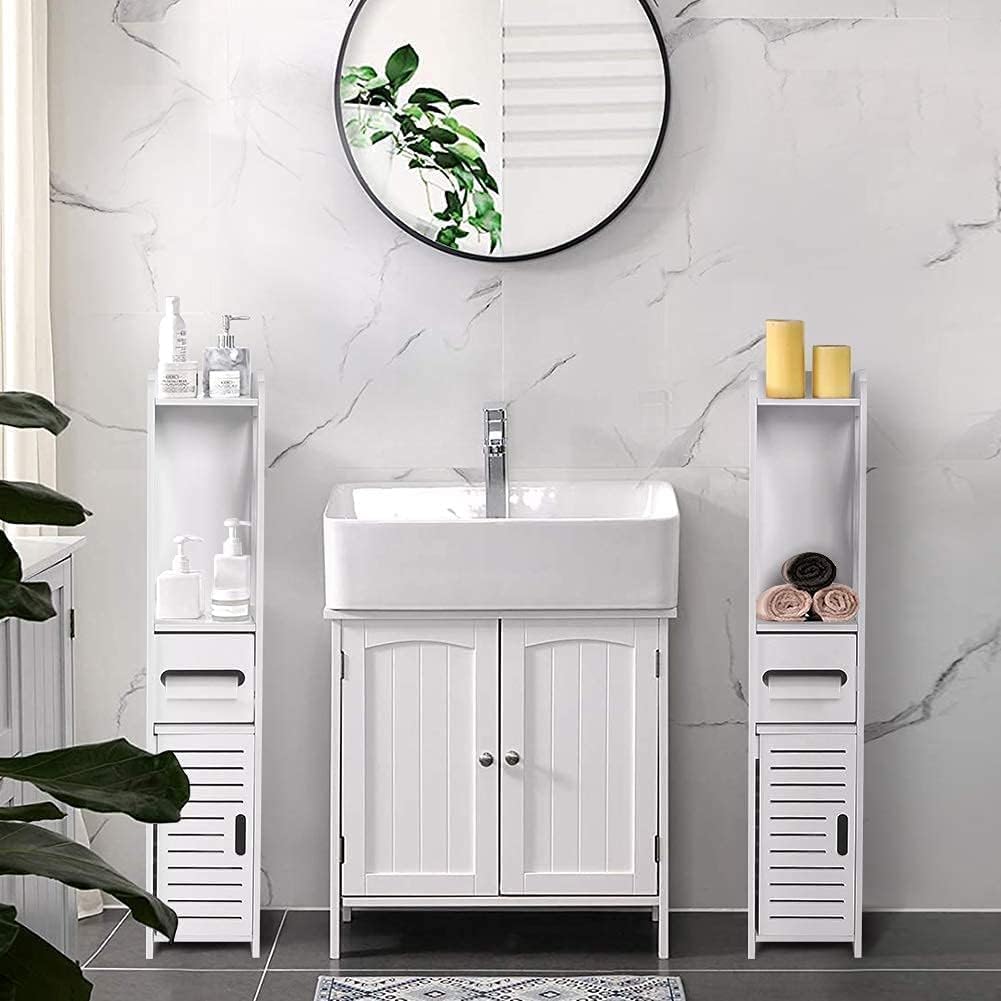 White Bathroom Floor Cabinet Storage Organizer, 31.5 x 6.1 x 5.9 inch K15760