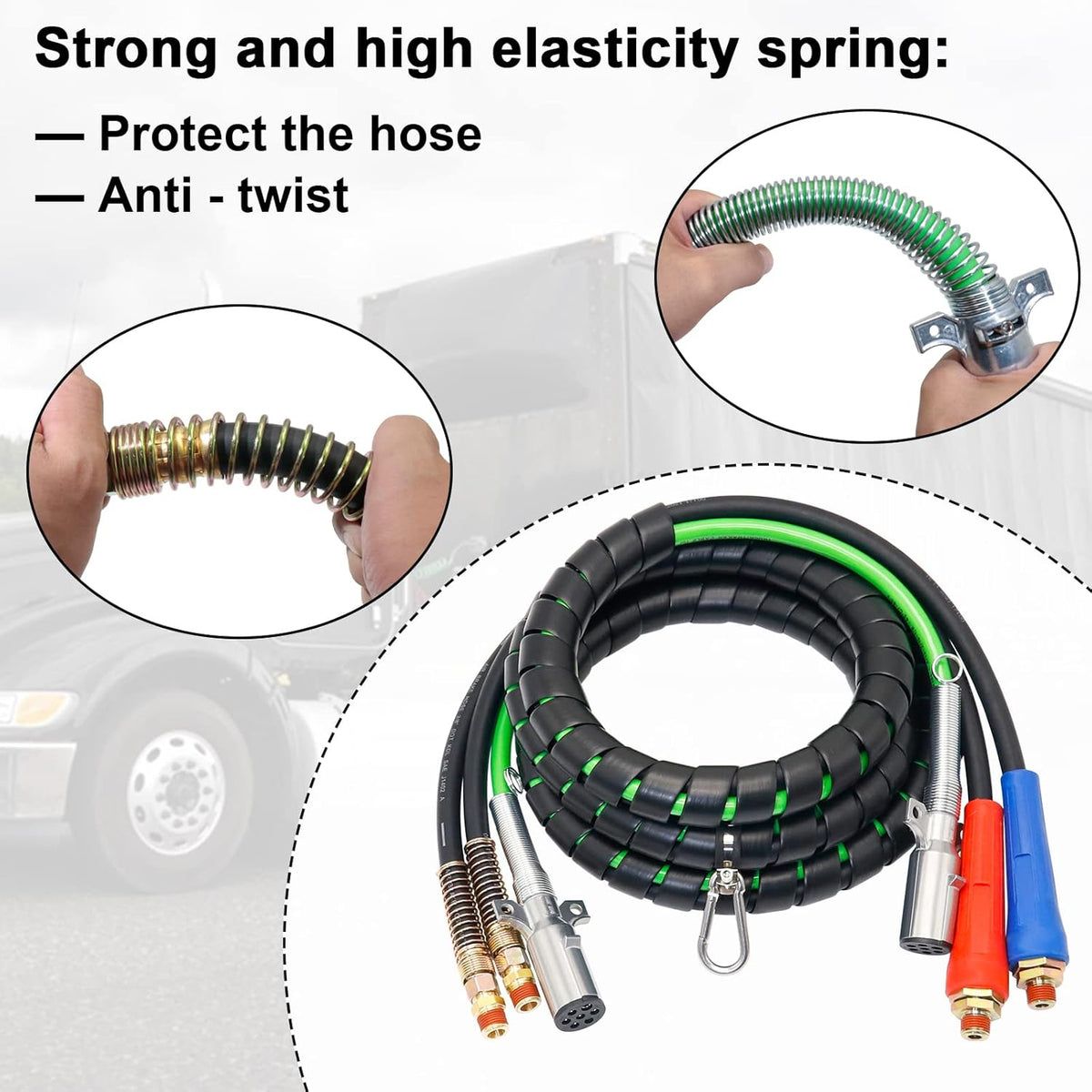 15 Ft 7 Way Heavy Duty Truck Tractor Trailer Electric Cable Wrap Cord ABS & Air Line Hose Assembly with Aluminum Glad Hands S5302