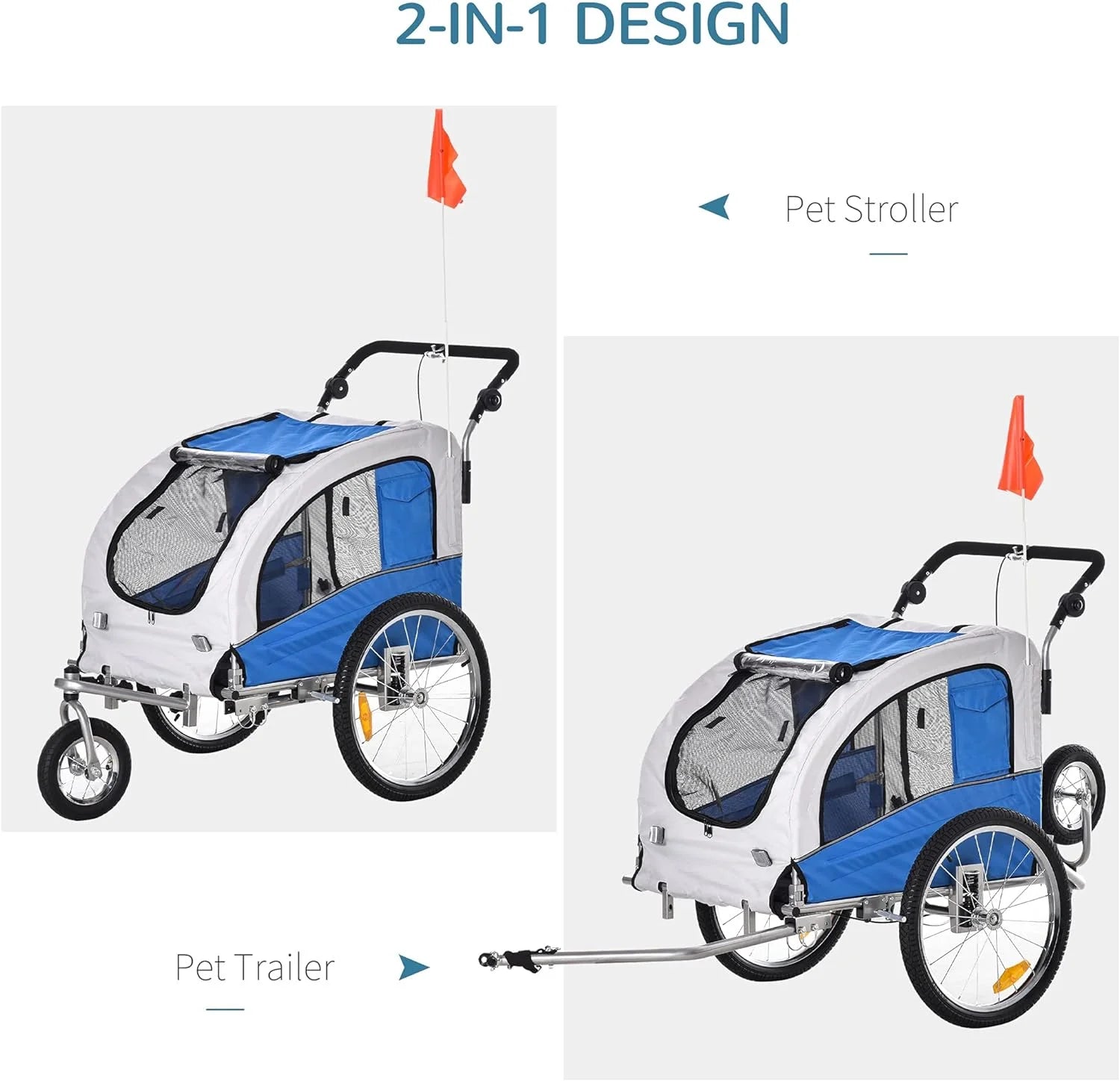 Blue Dog Bike Trailer Pet Stroller With Canopy And Storage Pockets U6740