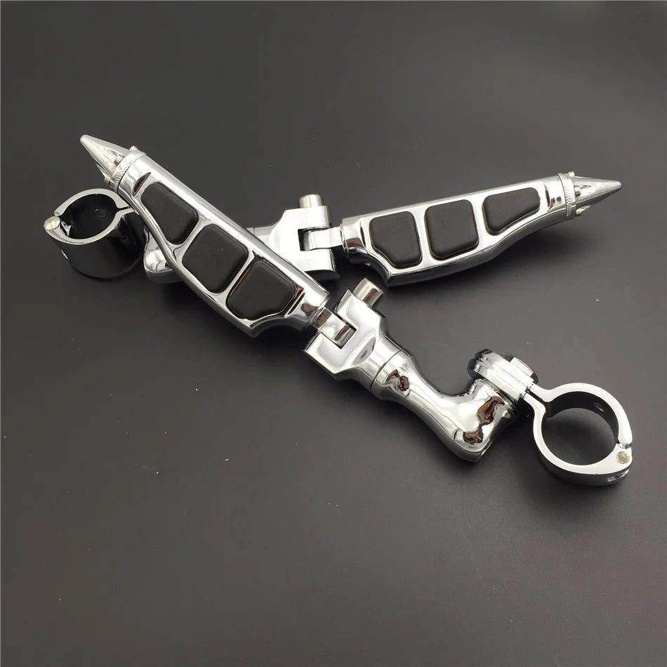 Chrome Angled Mounting Kit with Stiletto Shape Foot Peg Footrest For 1.25 inch Front Engine Guard Frame Tube F112