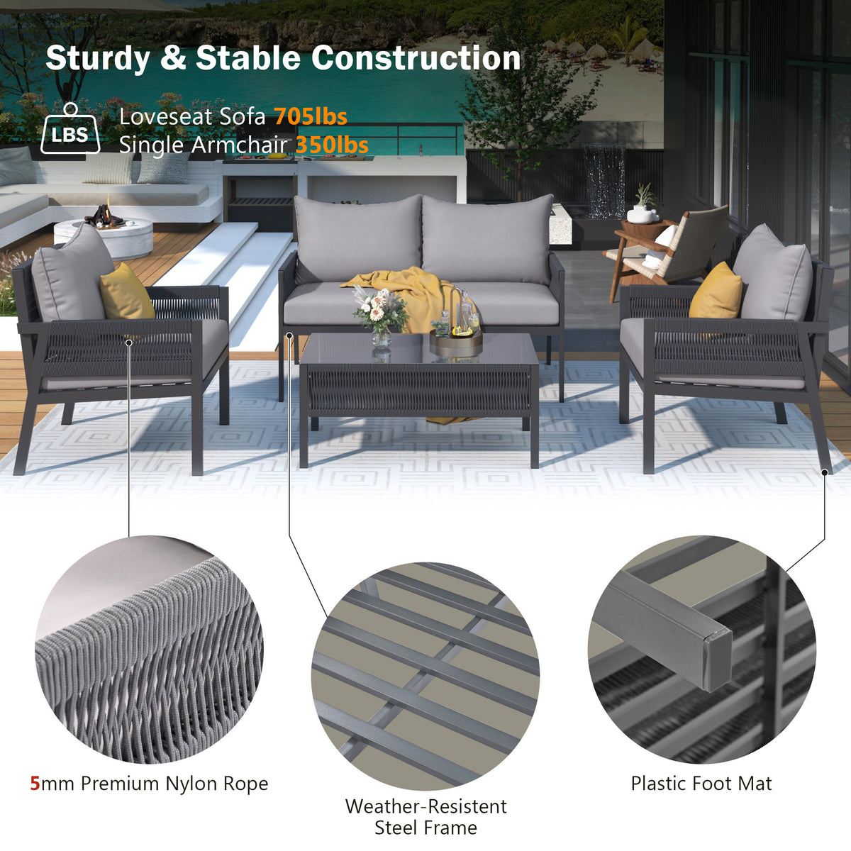 4PCS Outdoor Woven Rope Patio Furniture Set with Tempered Glass Tabletop G312548