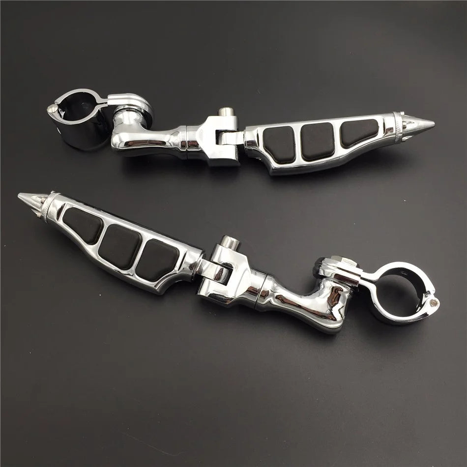 Chrome Angled Mounting Kit with Stiletto Shape Foot Peg Footrest For 1.25 inch Front Engine Guard Frame Tube F112