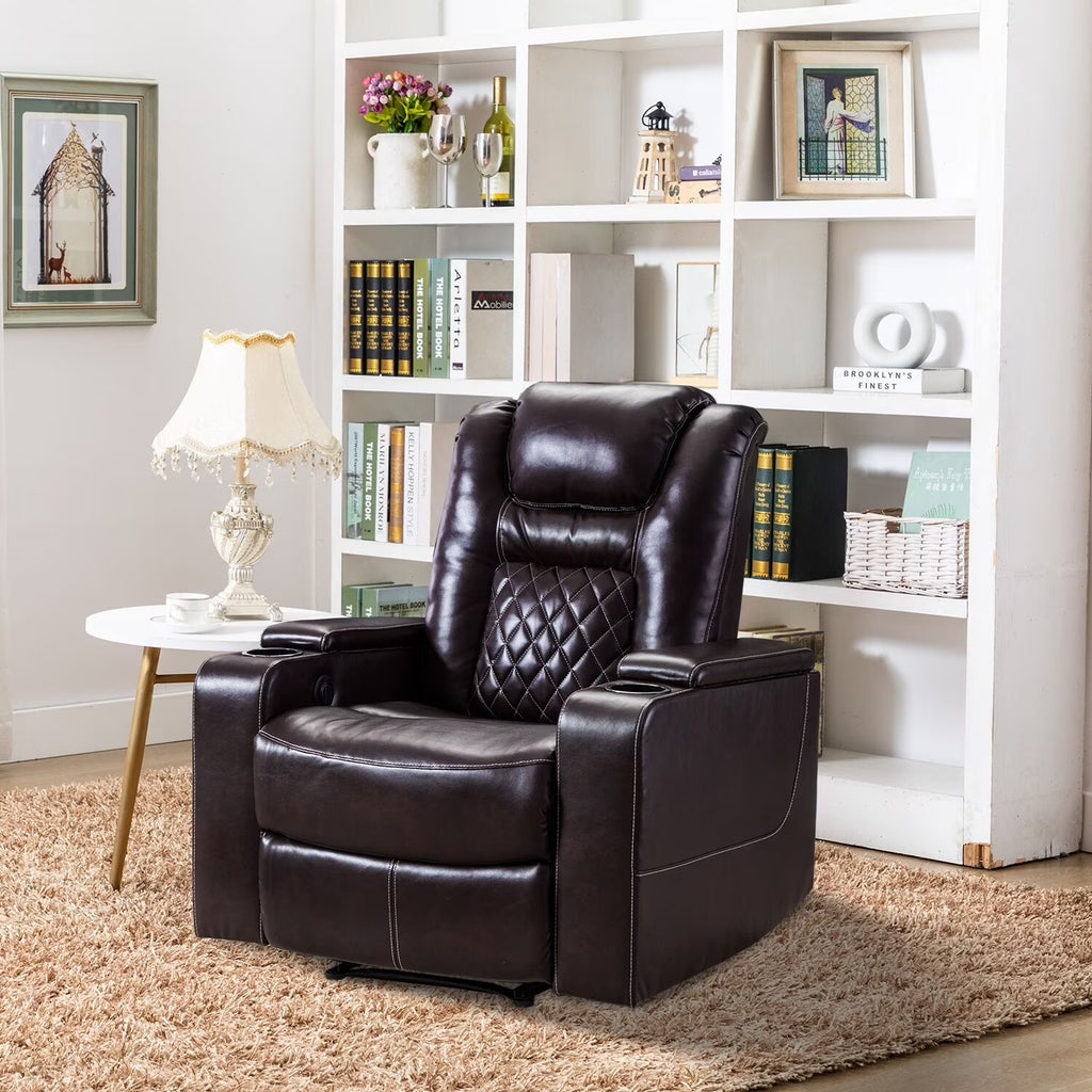 Brown Leather Home Theater Seating with USB Ports and Cup Holders E5793