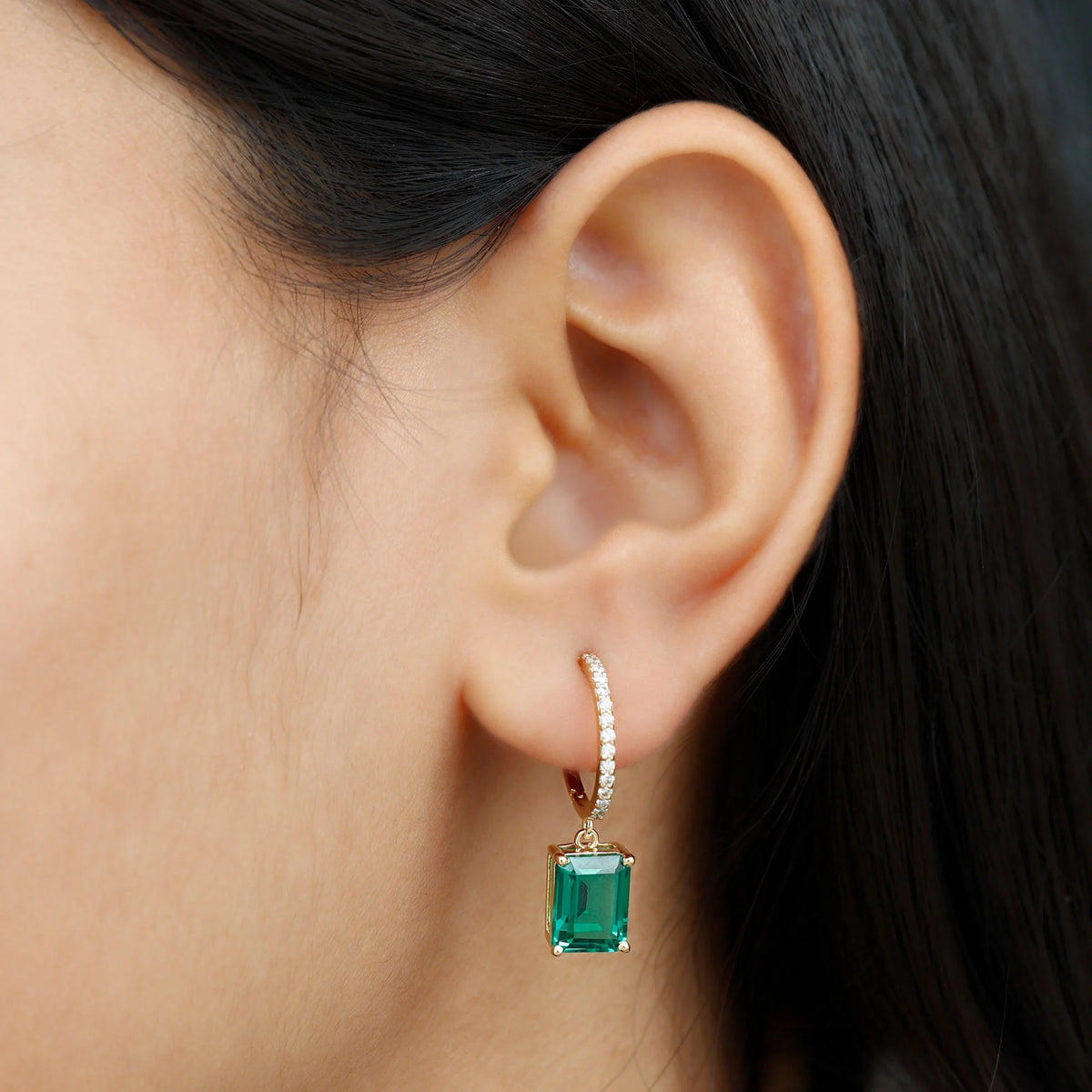 14K Yellow Gold Lab Created Emerald Drop Earrings with Diamond O59545