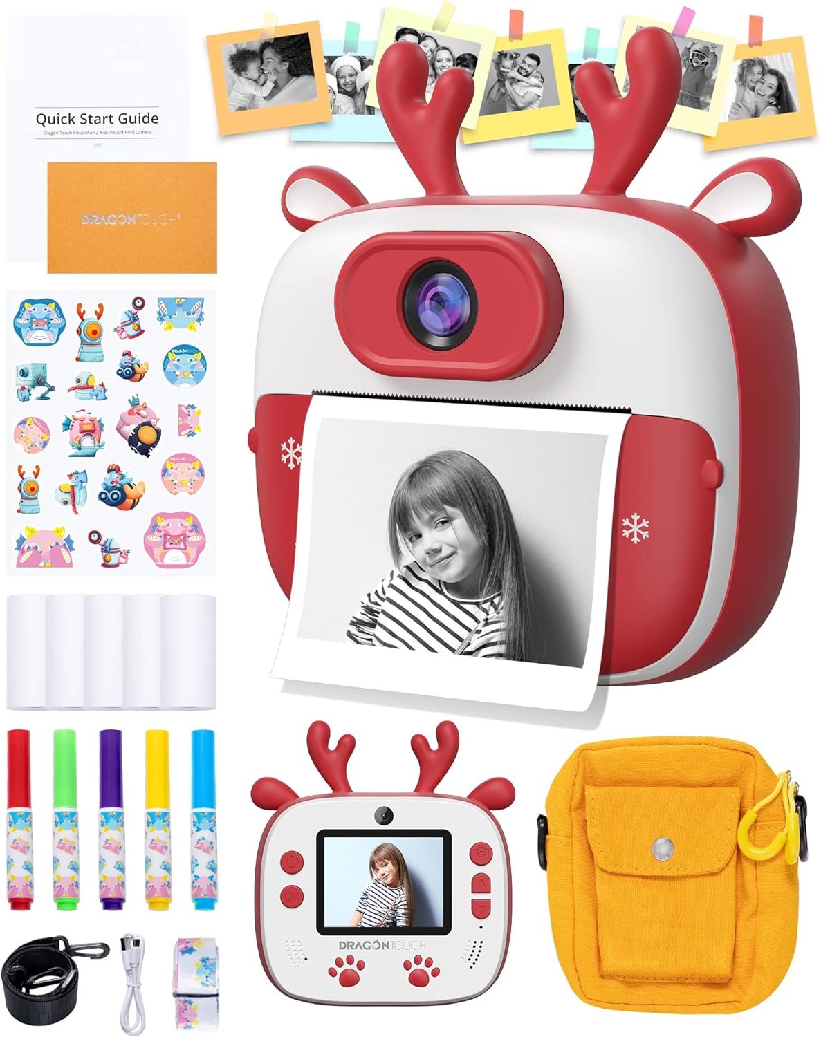 Instant Print Digital Camera with Dual Camera Lens, Print Paper, Cartoon Sticker, Color Pens and Camera Bag (Christmas Red) R280