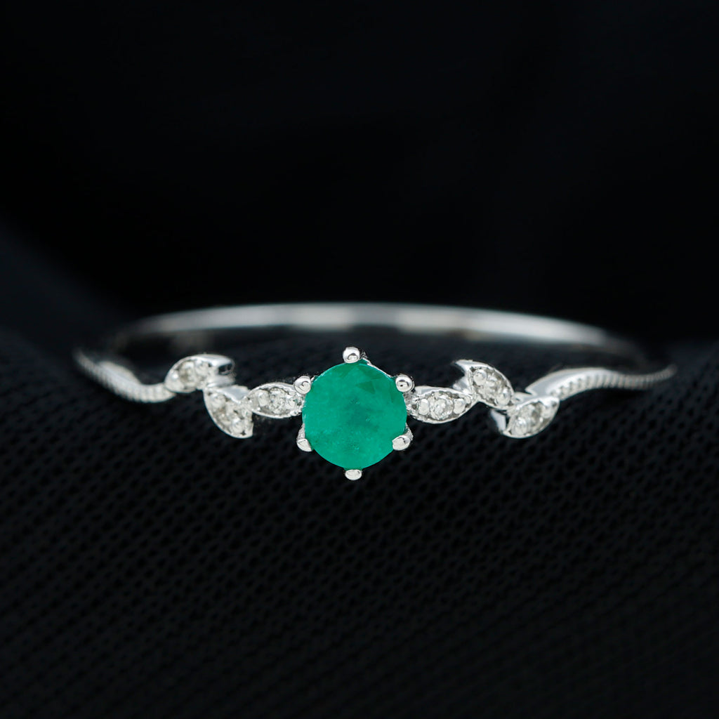 Emerald Leaf Promise Ring with Diamond, 925 Sterling Silver, US 4.00 I881582